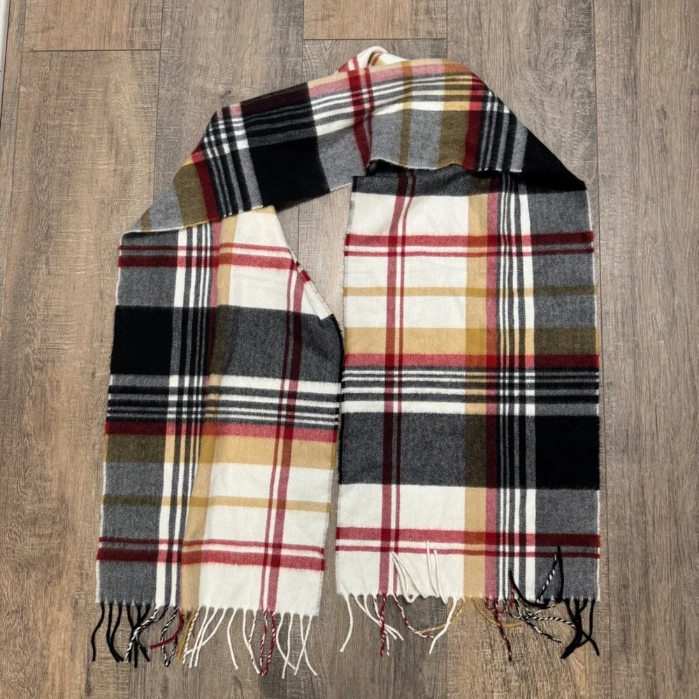 100% Cashmere‎ Plaid Scarf with Fringe Made in England Red Black White Gold